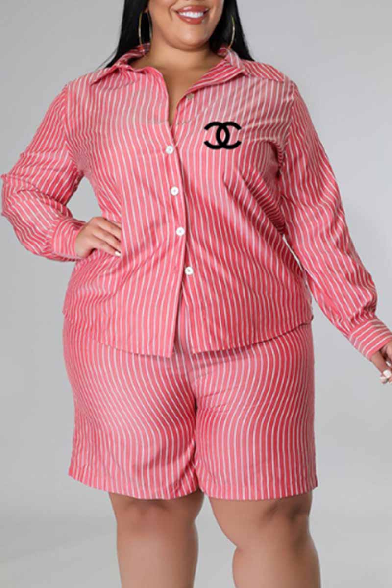 

Pink Fashion Casual Striped Print Letter Turndown Collar Plus Size Two Pieces