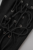 Zwarte casual straatbandage uitgeholde patchwork hoge taille denim jeans