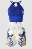 Blue Casual Print Patchwork Beading O Neck Sleeveless Two Pieces