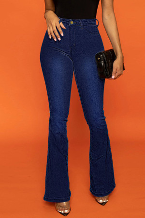 Dark Blue Casual Solid Patchwork High Waist Boot Cut Denim Jeans