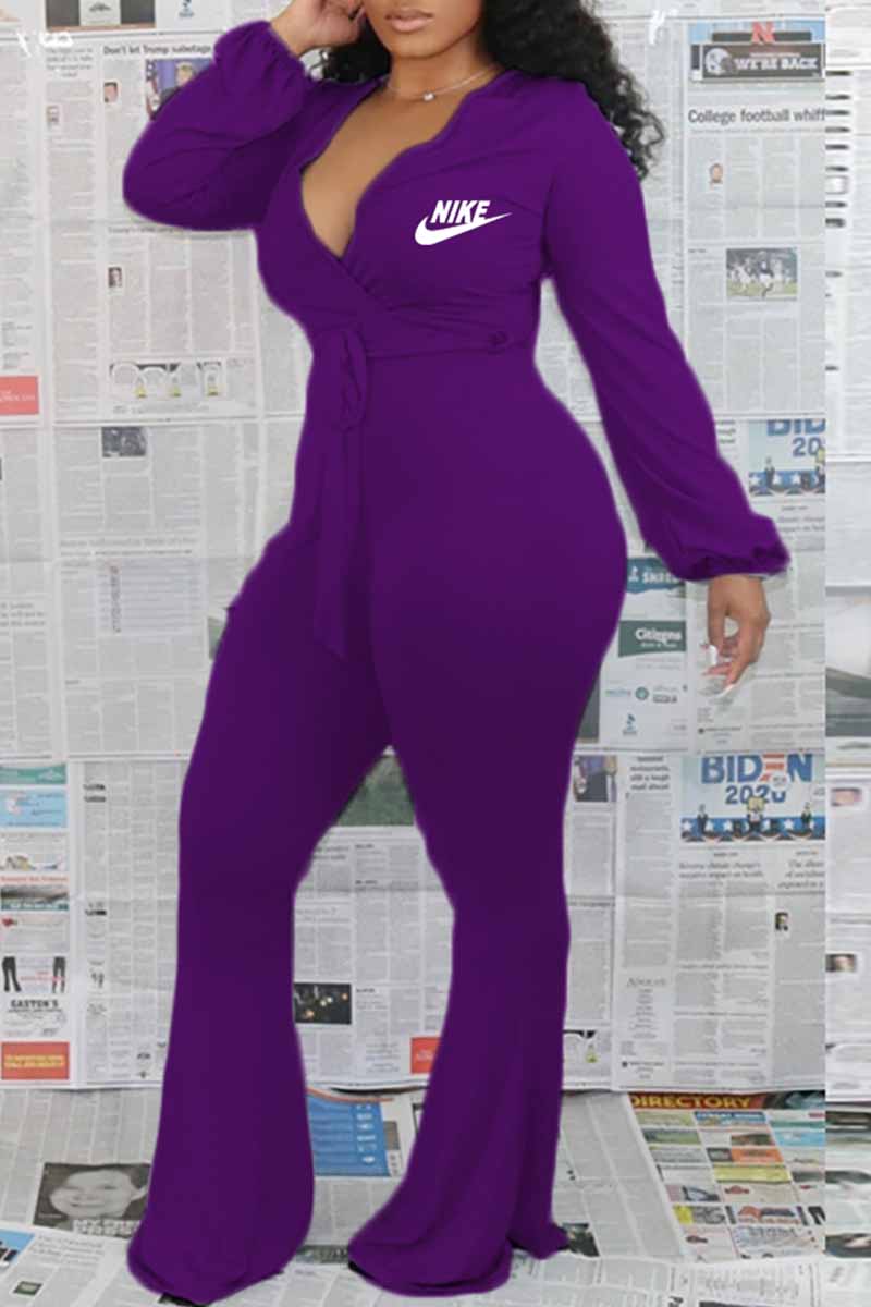 

Purple Fashion Sexy Print Letter V Neck Jumpsuits