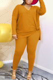 Amarelo casual patchwork sólido com fenda decote em v plus size duas peças