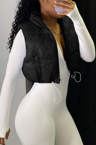 Black Casual Solid Patchwork Zipper Turtleneck Tops