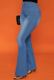 Jeans jeans azul bebê casual patchwork sólido de cintura alta com corte de bota