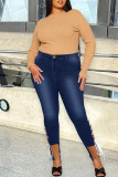 Deep Blue Fashion Casual Solid Patchwork Frenulum Plus Size Jeans