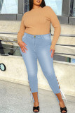 Jeans de talla grande de frenillo de patchwork sólido casual de moda azul medio