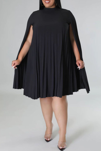 ブラックカジュアルソリッドパッチワークフォールドOネックAラインプラスサイズのドレス