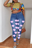 Mellanblå Mode Casual Print Patchwork Skinny Jeans med hög midja