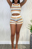 Yellow White Sexy Vacation Print Hollowed Out Patchwork O Neck Sleeveless Two Pieces