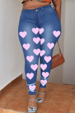 Mellanblå Mode Casual Print Patchwork Skinny Jeans med hög midja