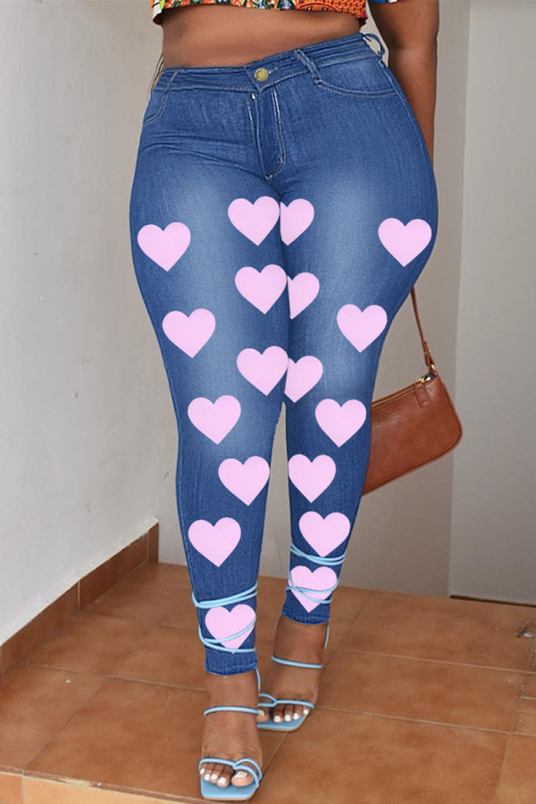 Jean skinny taille haute en denim imprimé décontracté à la mode bleu moyen