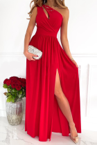 Red Fashion Patchwork Slit One Shoulder Waist Skirt Dresses