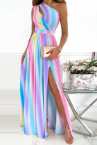 Multicolor Fashion Patchwork Slit One Shoulder Waist Skirt Dresses