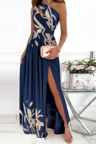 Blue Fashion Patchwork Slit One Shoulder Waist Skirt Dresses