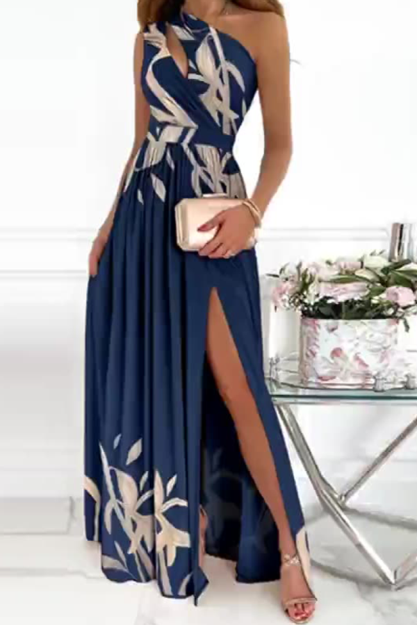 Blauwe mode patchwork spleet een schouder taille rok jurken