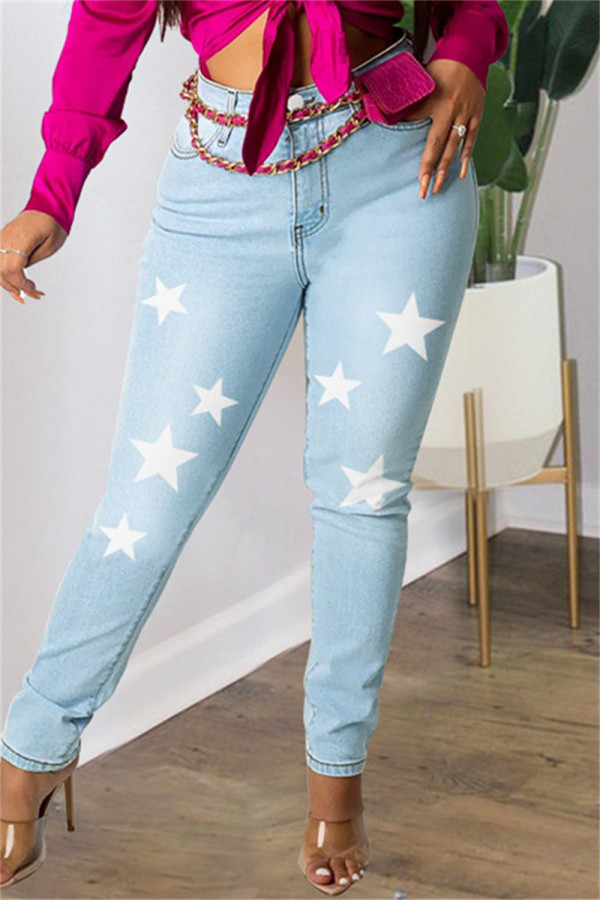 Azul claro moda casual estampa estrelas patchwork cintura alta jeans skinny