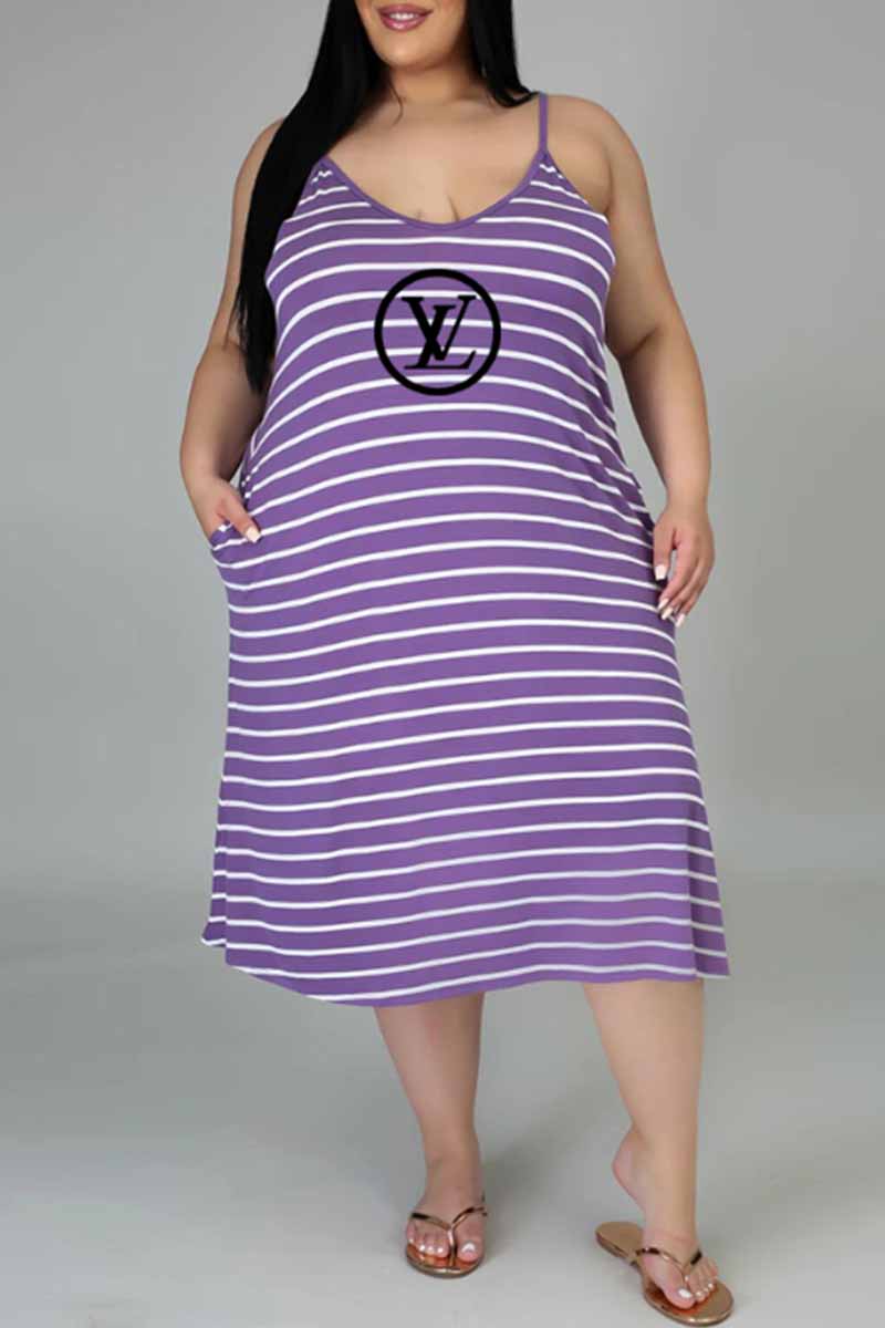

Purple Fashion Casual Striped Print Letter U Neck Sling Dress Plus Size Dresses