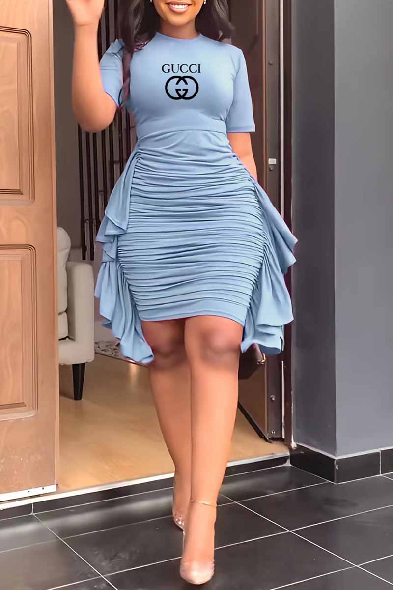 

Sky Blue Fashion Casual Print Fold Letter O Neck One Step Skirt Dresses