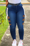 Light Blue Fashion Casual Solid Ripped Patchwork High Waist Regular Denim Jeans (Without Belt)