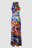 Цветное модное сексуальное лоскутное длинное платье с круглым вырезом и принтом