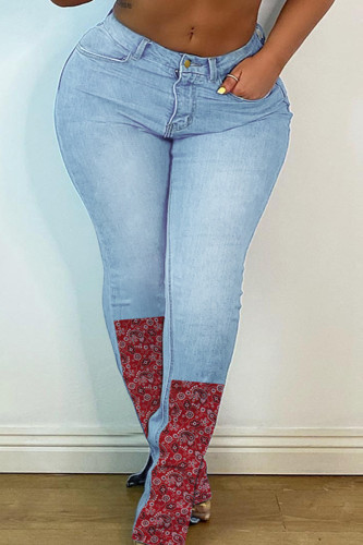 Lichtblauwe mode casual patchwork print plus size jeans