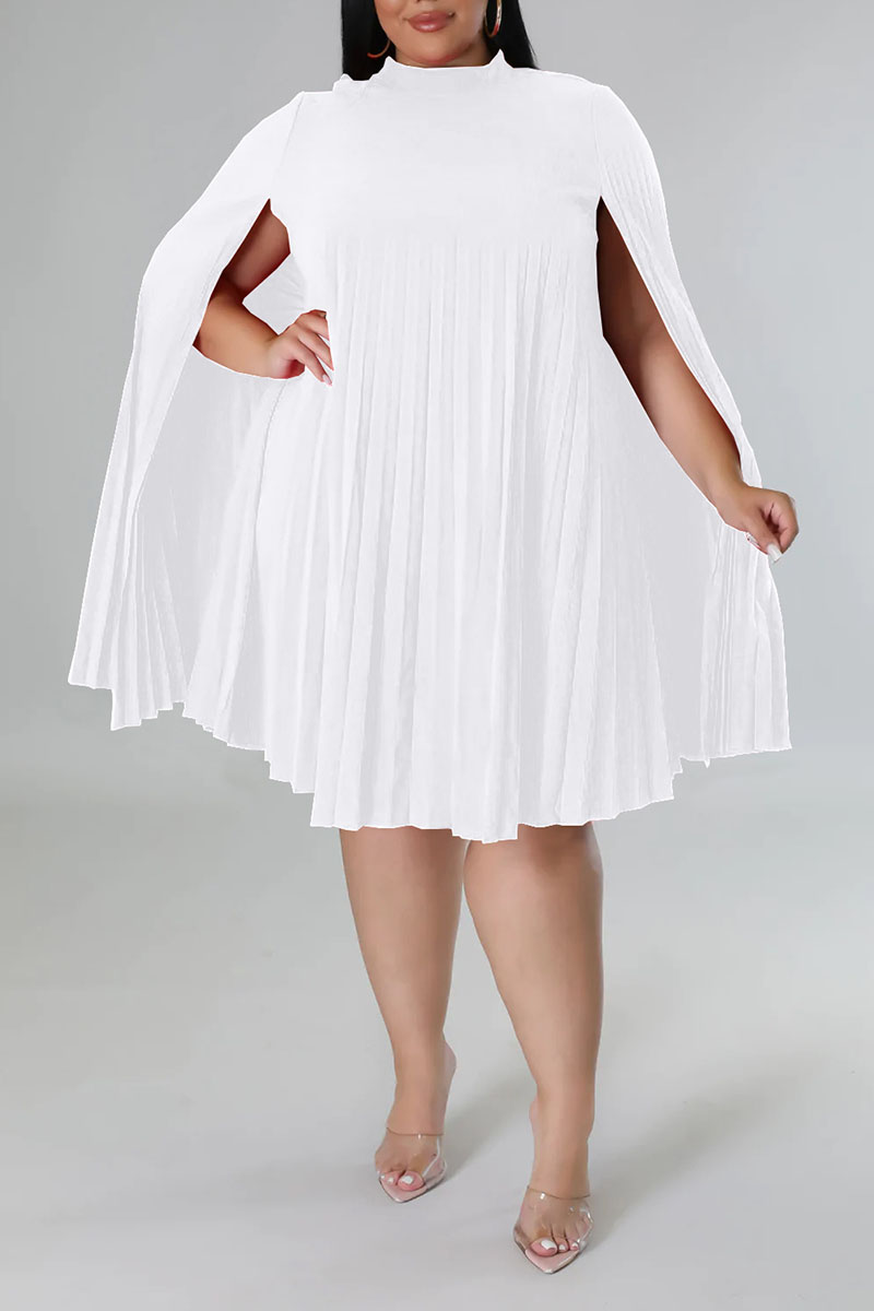 

White Casual Solid Patchwork Fold O Neck A Line Plus Size Dresses