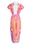 Pink Sexy Print Patchwork Buckle Turndown Collar Straight Dresses