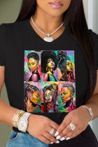 Black Fashion Street Print Patchwork T-shirts met O-hals