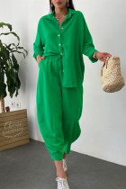 Groene Mode Casual Effen Patchwork Kraag Lange Mouw Twee Stukken