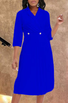 ブルー カジュアル ソリッド パッチワーク フォールド ターンバック カラー ストレート ドレス