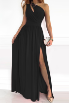 Black Fashion Patchwork Slit One Shoulder Waist Skirt Dresses