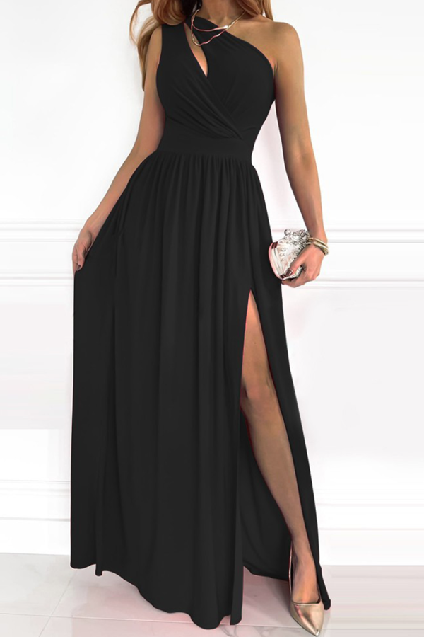 Vestidos de falda de cintura de un hombro con abertura de patchwork de moda negro