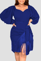 ブルー カジュアル ソリッド タッセル パッチワーク 非対称 Vネック ストレート ドレス