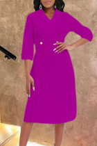 パープル カジュアル ソリッド パッチワーク フォールド ターンバック カラー ストレート ドレス
