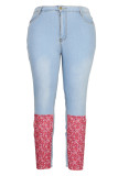 Mellanblå Mode Casual Patchwork Print Plus Size Jeans