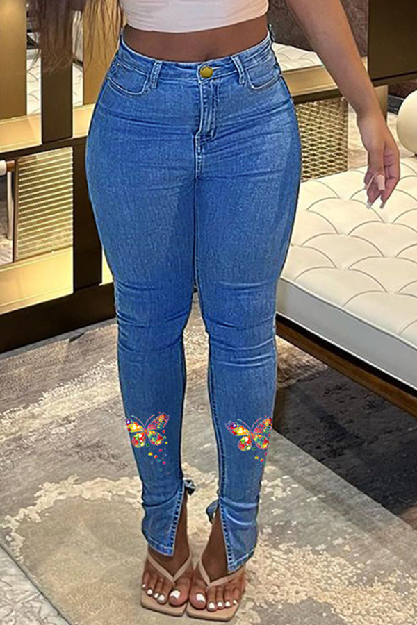 Mittelblaue Mode-Schmetterlings-Druck-Patchwork-Schlitz-Röhren-Denim-Jeans mit hoher Taille
