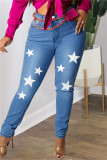 Голубые модные повседневные джинсы скинни с высокой талией и принтом звезд в стиле пэчворк