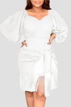 ホワイト カジュアル ソリッド タッセル パッチワーク 非対称 Vネック ストレート ドレス