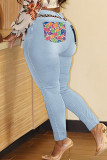 Mellanblå Mode Casual Print Patchwork Plus Size Jeans