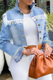 Giacca di jeans regolare a maniche lunghe con colletto rovesciato patchwork in nappa tinta unita alla moda azzurra