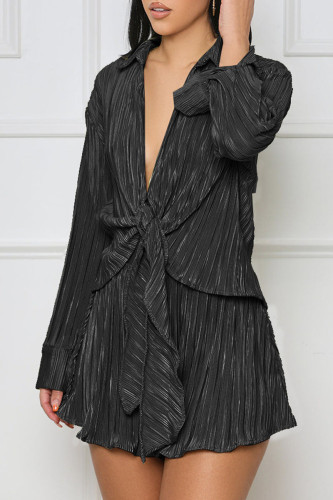 Black Casual Solid Bandage Patchwork Turndown Collar Long Sleeve Two Pieces