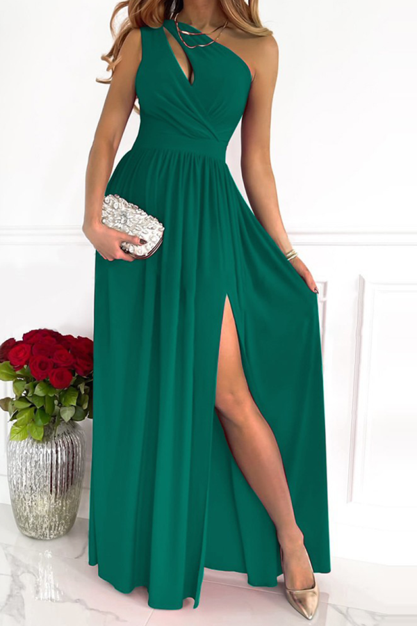 グリーン ファッション パッチワーク スリット ワンショルダー ウエスト スカート ドレス