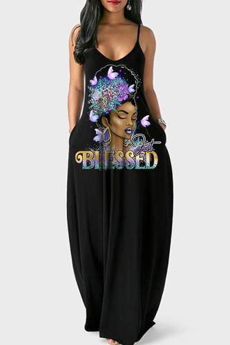 Zwart paars sexy casual print backless spaghetti band lange jurk
