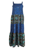Vestido azul casual estampado doce patchwork alça de espaguete vestidos plus size