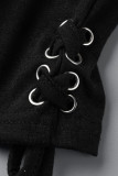 Negro Casual Sólido Vendaje Patchwork Cuello en V Más Tamaño Dos piezas