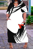 Schwarz-weißes, modisches, lässiges Patchwork-Kleid mit V-Ausschnitt und kurzen Ärmeln