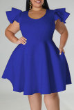 ロイヤルブルーカジュアルソリッドパッチワークフラウンスOネックAラインプラスサイズのドレス