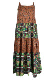 Green Casual Sweet Print Patchwork Spaghetti Strap Sling Dress Plus Size Dresses