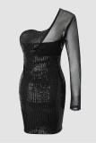 Schwarze Mode Sexy Patchwork-Pailletten Backless One-Shoulder-Langarm-Kleider