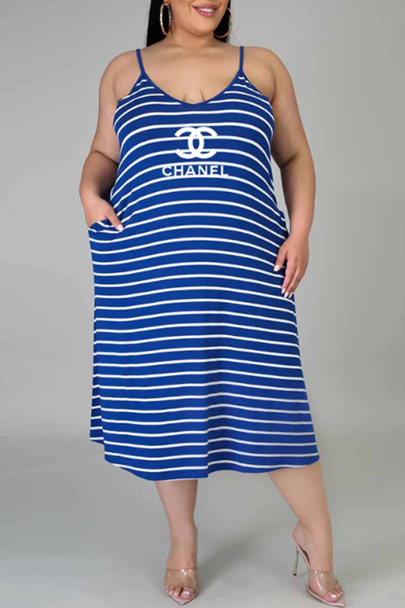 Deep Blue Fashion Casual Striped Print Letter U Neck Sling Dress Plus Size Dresses